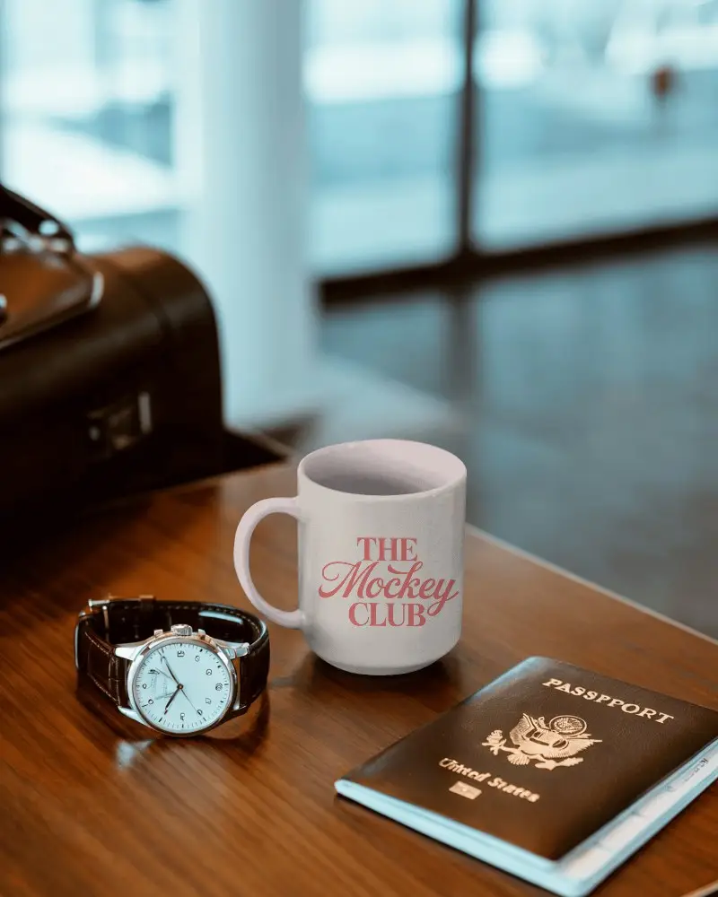 Travel Accessories With Mug Mockup On Wooden Table Luxury Watch And Passport
