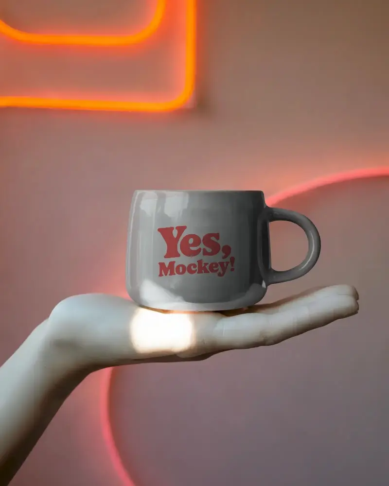 Ceramic Mug Mockup Held In Open Hand Simple Minimalist Design Display