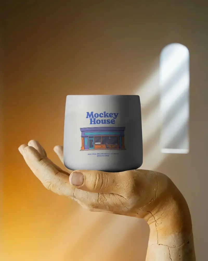 Modern Minimalist Ceramic Mug Mockup With Sculpted Hand And Soft Natural Light Setting