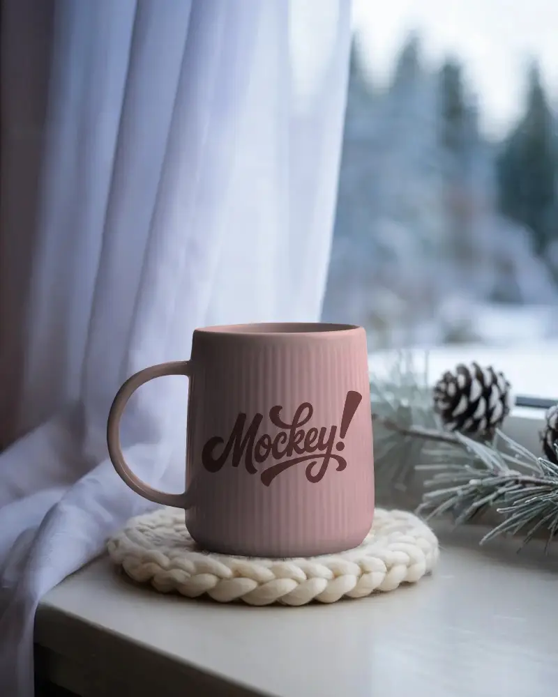 Cozy Winter Mug Mockup On Knitted Coaster By Frosted Window And Pinecone Decor