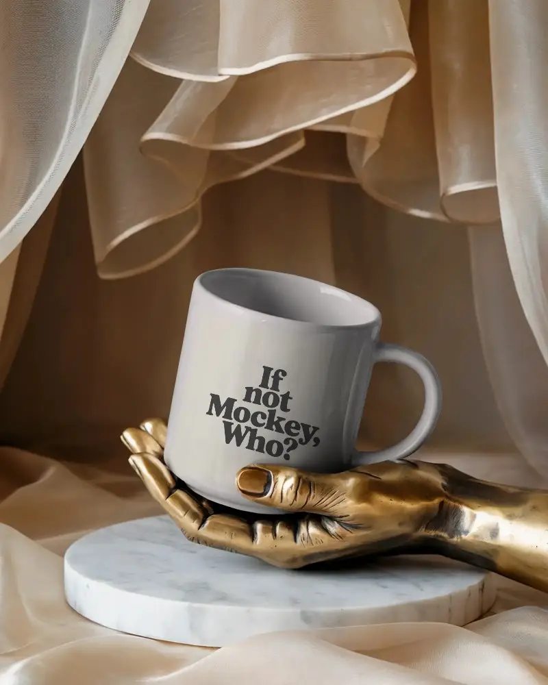 Stylish Blank Mug Mockup Held By Bronze Hand Sculpture On Marble Pedestal With Drapery