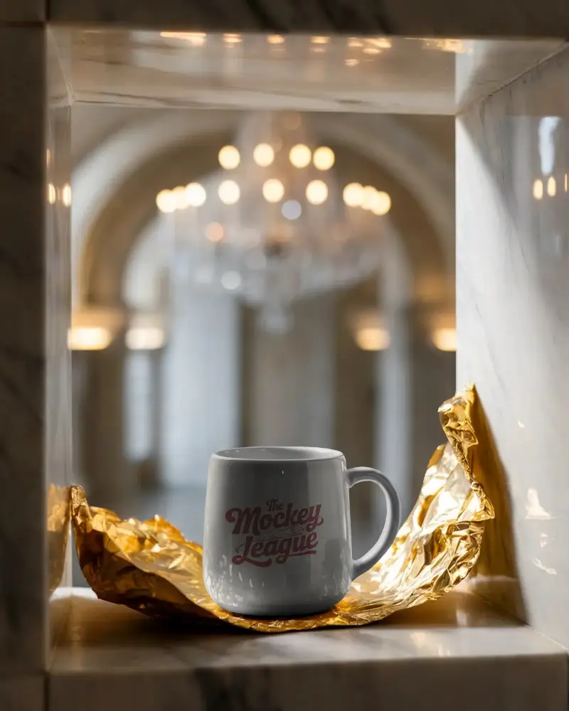 Premium Plain Mug Mockup Displayed On Golden Sheet Inside Classic Marble Niche At Daylight