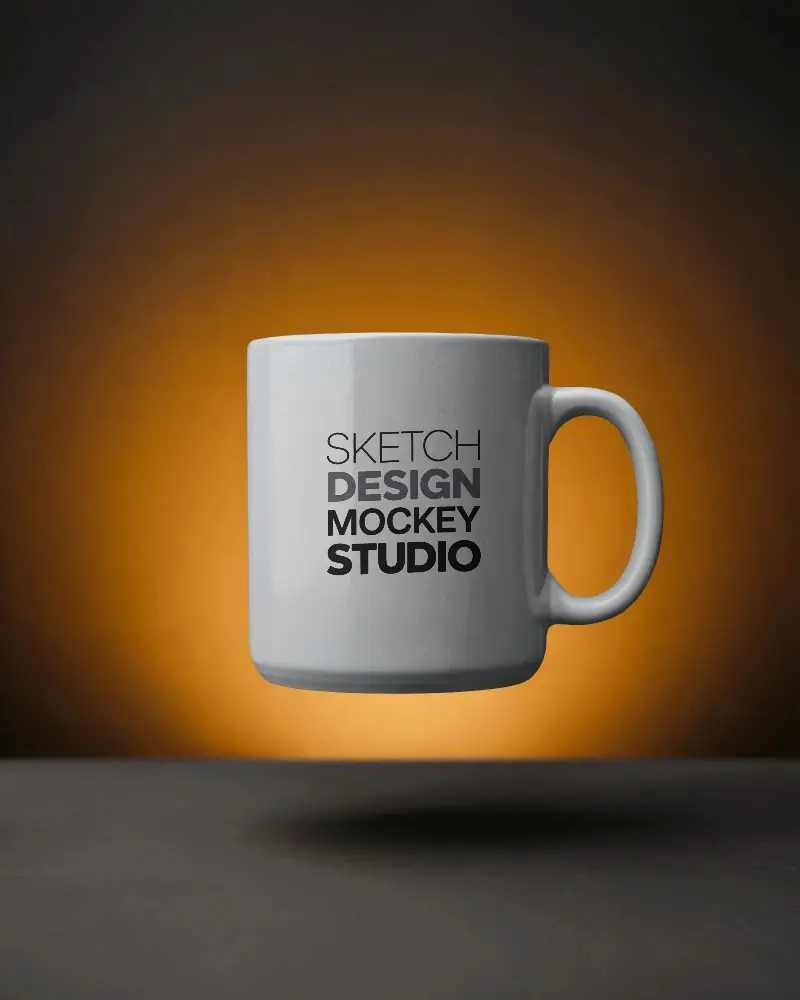 Minimalistic Ceramic Coffee Mug Mockup Floating On Dark Surface With Glowing Orange Background