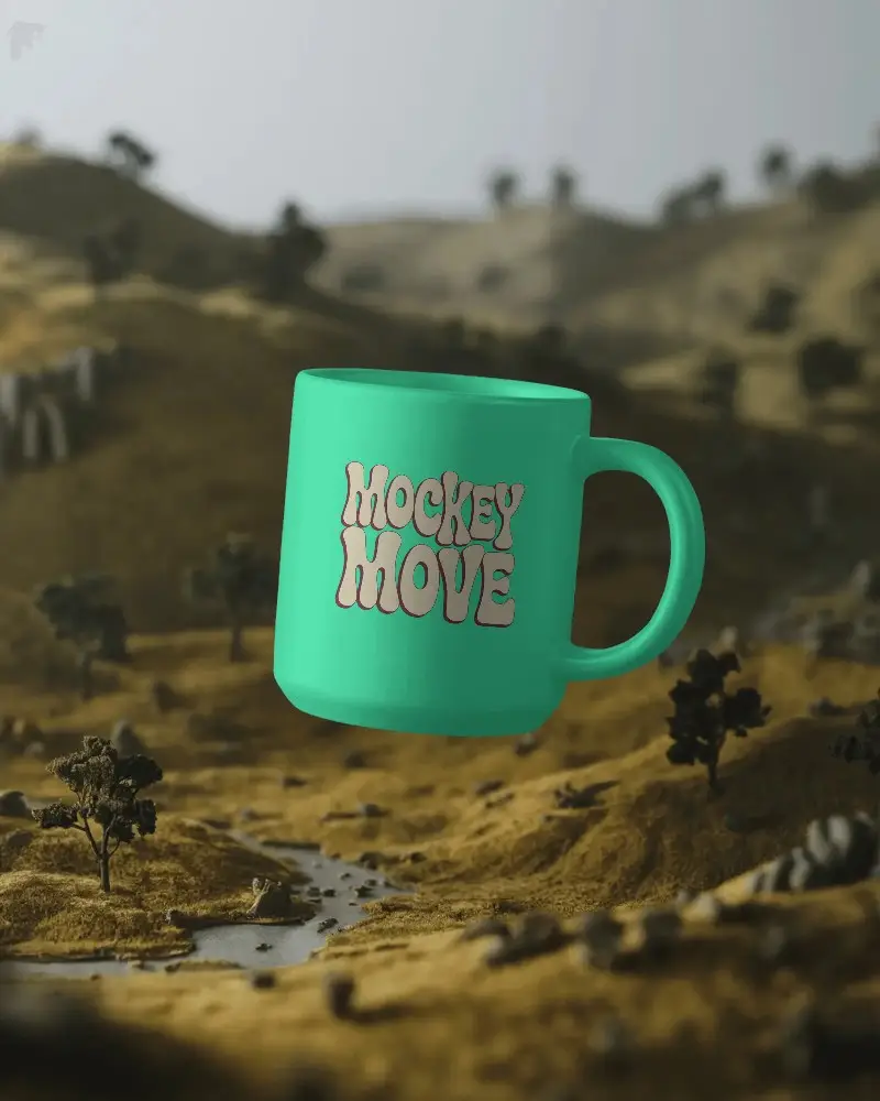 Contemporary Simple Large Handle Mug Mockup Suspended Above Nature Scene For Product Presentation