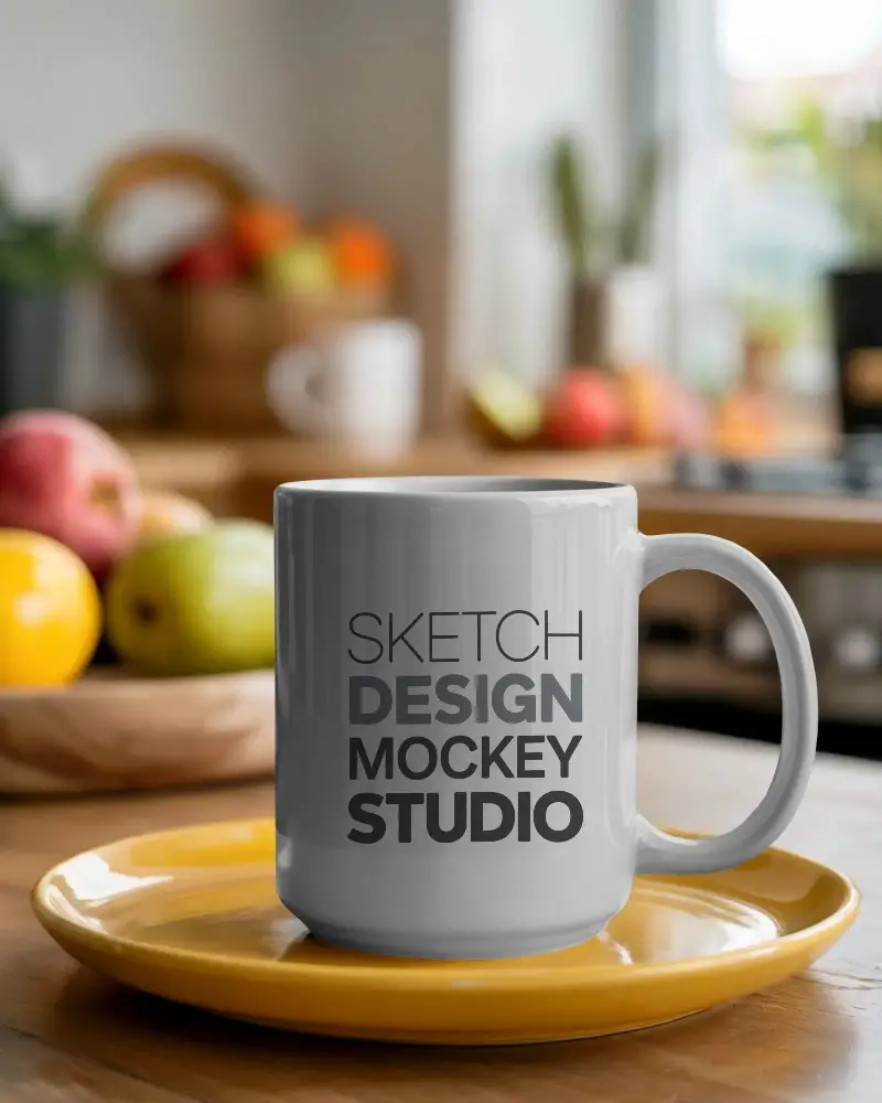 Ceramic Coffee Mug Mockup On Glossy Smooth Plate For Custom Design Presentation