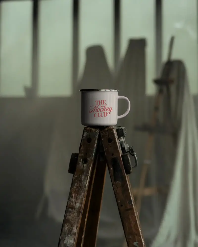 Artisan Craft Mug Mockup Displayed On Weathered Ladder With Soft Light