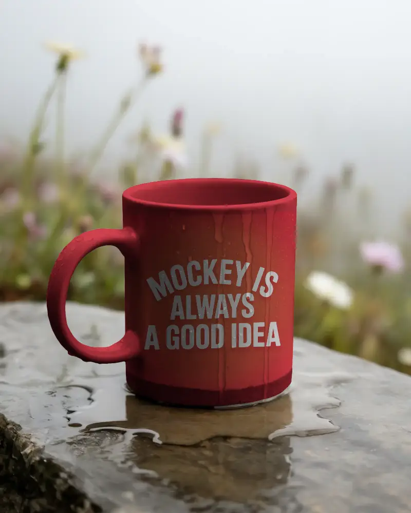 Outdoor Waterproof Mug Mockup With Droplets On Rough Stone Surface And Blurred Natural Background