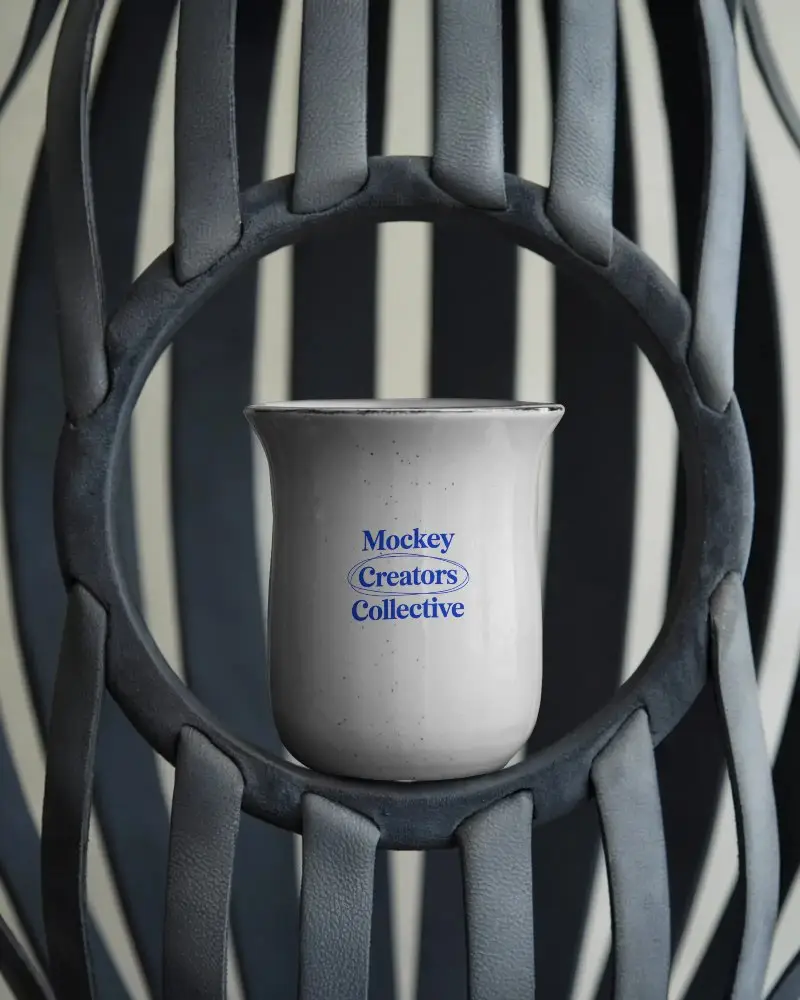Modern Ceramic Mug Mockup In Stylish Geometric Holder For Branding And Packaging Design