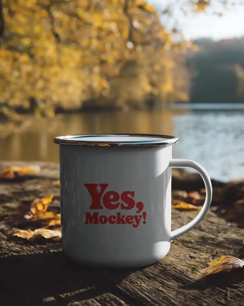 Blank Enamel Coffee Mug Mockup On Wooden Surface Nature Autumn Scene Lifestyle