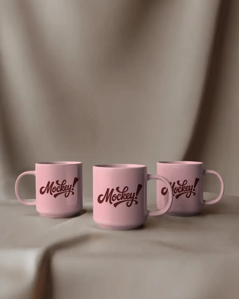 Three Set Modern Ceramic Mug Mockup With Simple Minimalist Handle Design For Branding