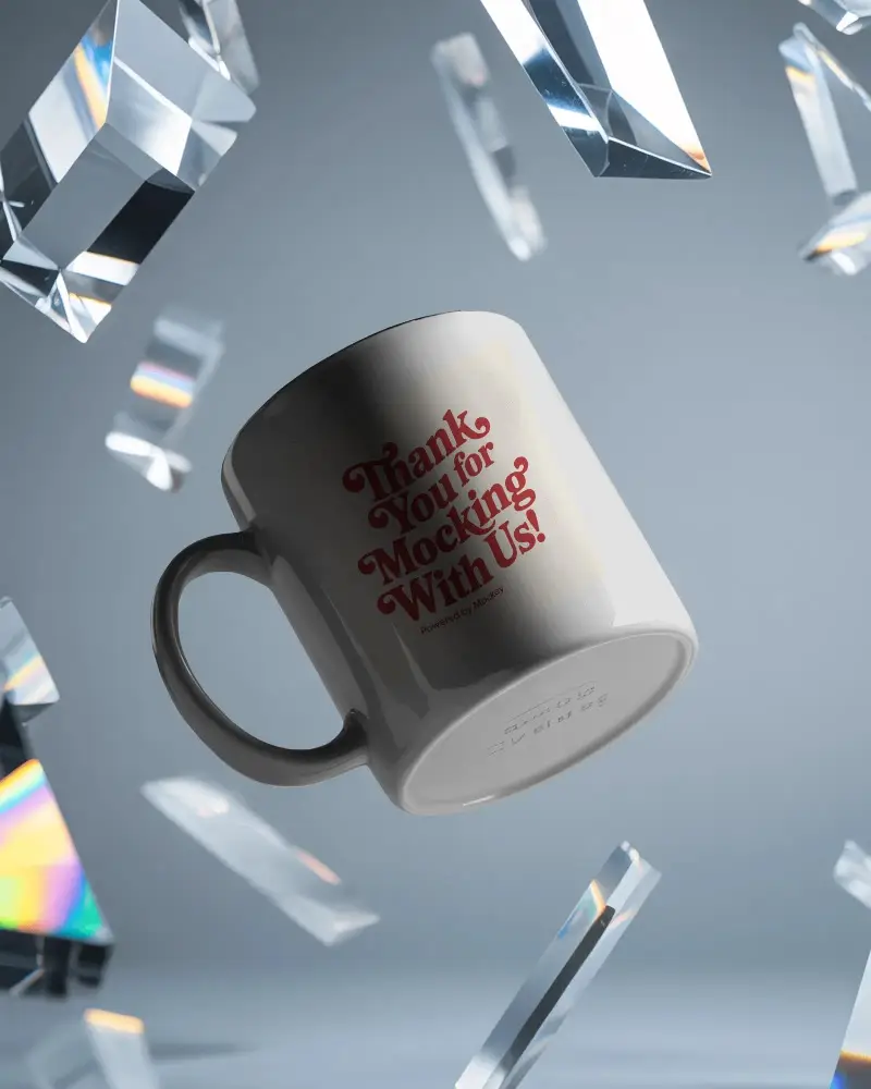 Modern Floating Mug Mockup Surrounded By Transparent Crystal Prism Elements For Design