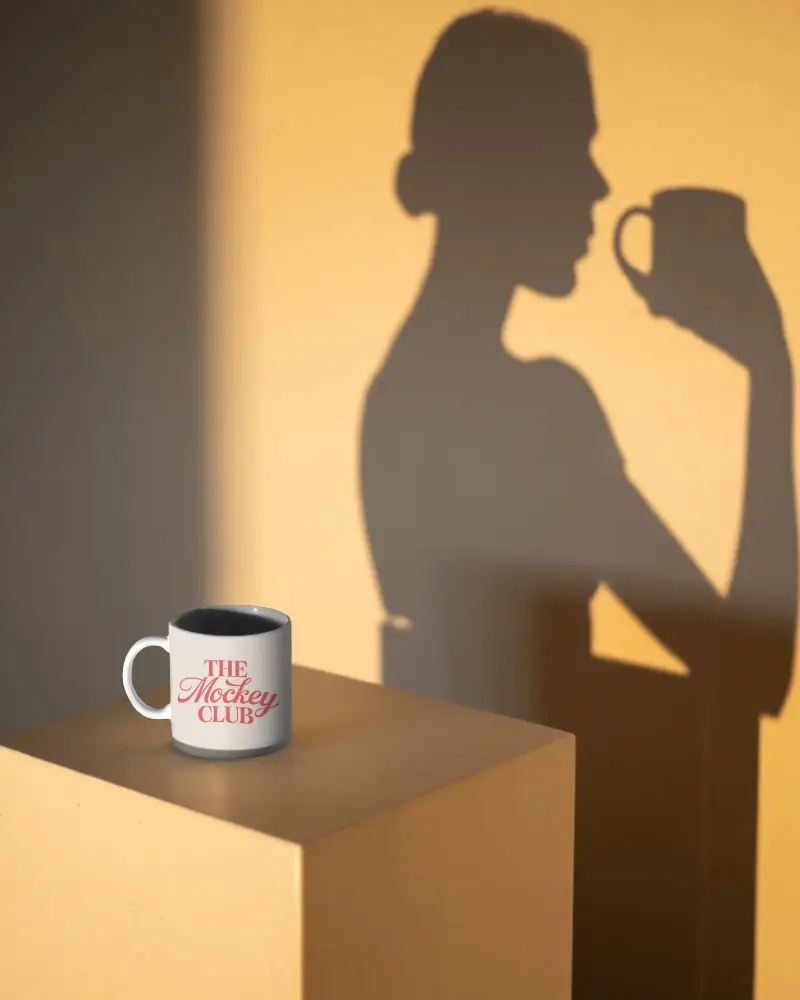 Minimalist Coffee Mug Mockup With Shadow Profile Of Person Holding A Cup In Soft Warm Light