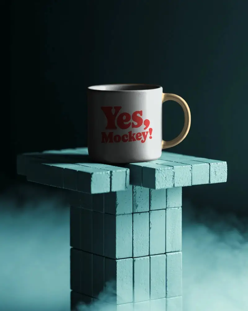 Sleek Minimalist Mug Mockup On Geometric Textured Pedestal With Mysterious Smoky Background