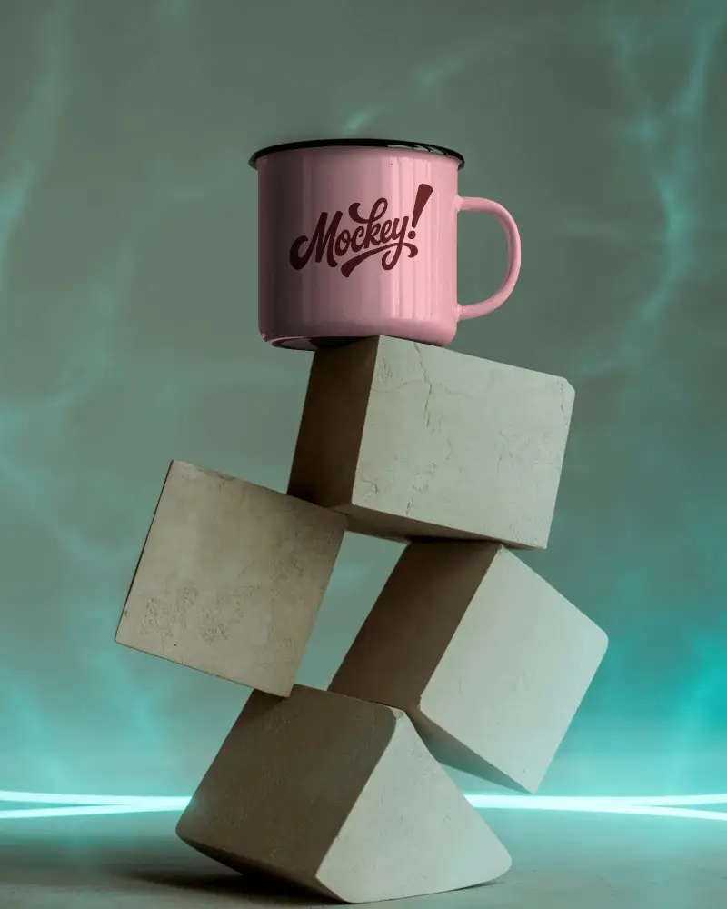 Ceramic Mug Mockup On Abstract Concrete Cubes With Modern Aesthetic Background