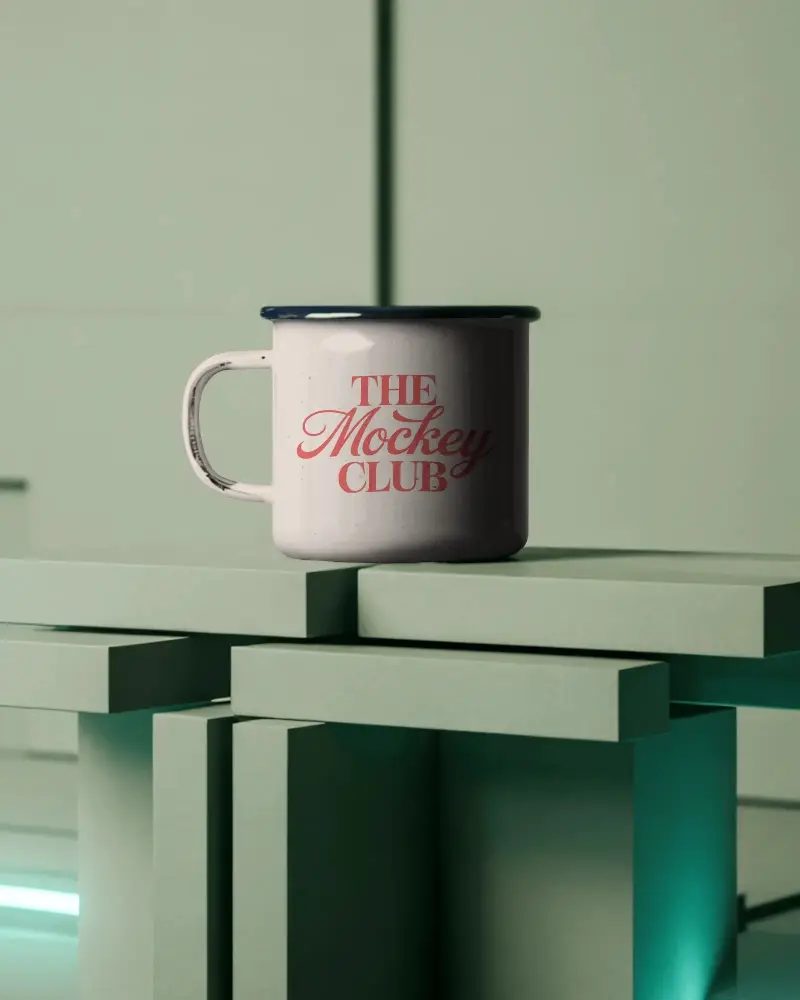 Ceramic Enamel Mug On Minimalist Abstract Rectangular Platform With Soft Lighting Effect