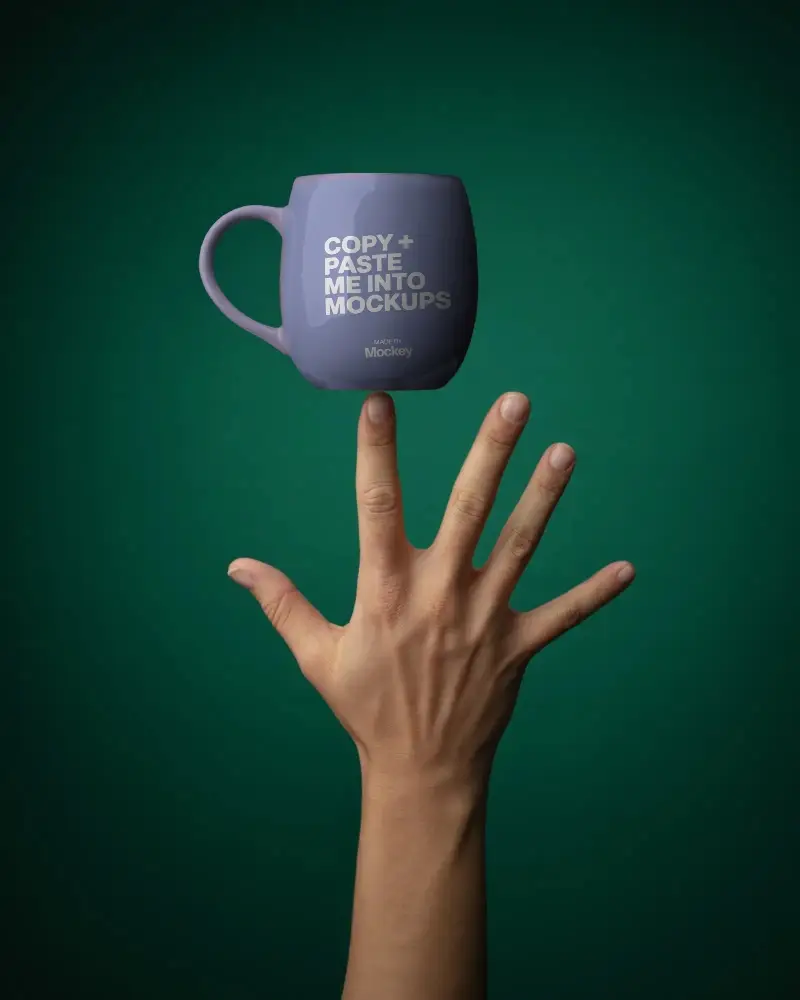 Ceramic Mug Mockup Balancing On Finger Isolated On Solid Background