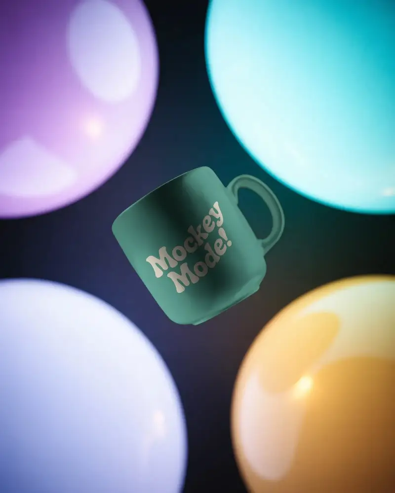 Floating Modern Ceramic Coffee Mug Mockup With Glossy Balloon Background For Design Display