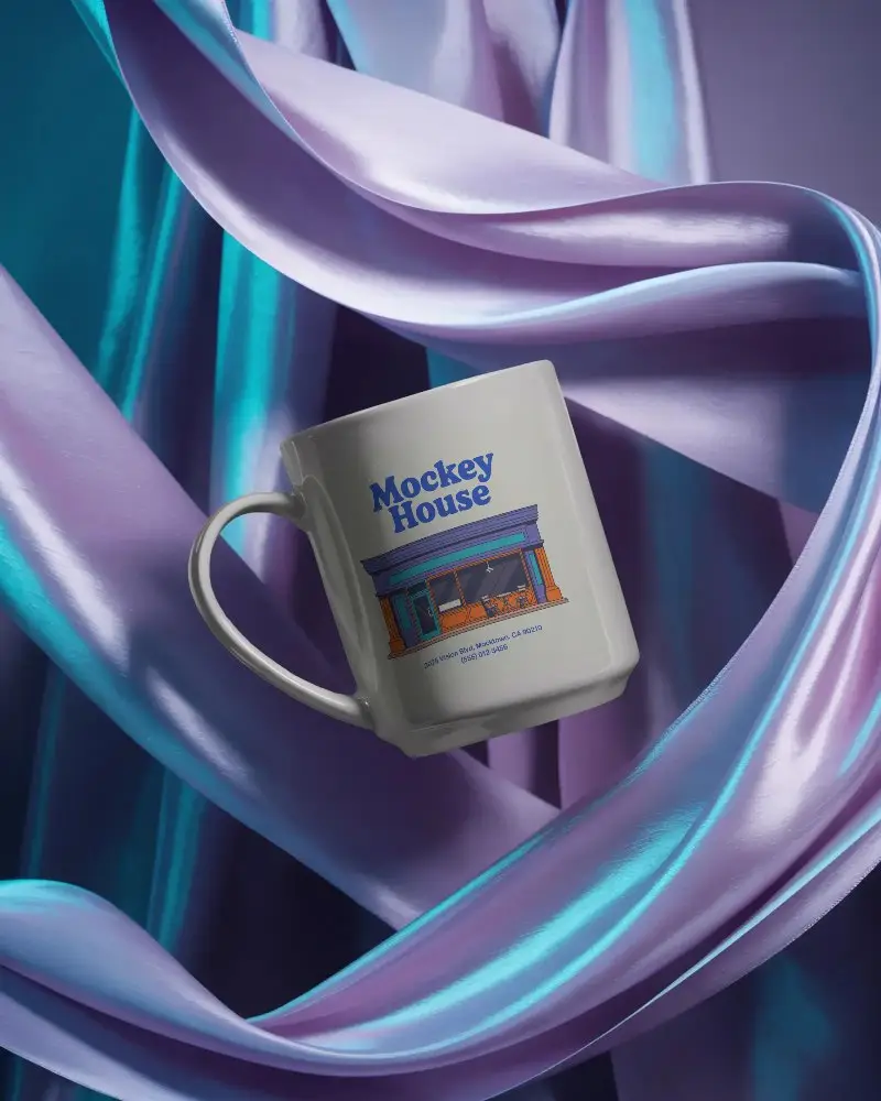 Modern Empty Mug Mockup Floating Surrounded By Smooth Glossy Fabric Elements