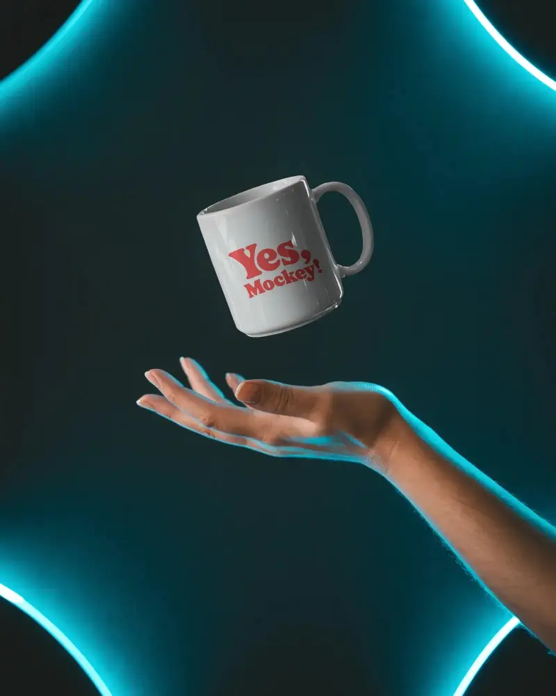 Realistic Floating Mug Mockup With Neon Background For Unique Creative Advertising