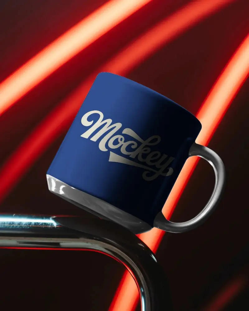Ceramic Mug Mockup With Handle Floating On Metallic Surface And Neon Background Lighting
