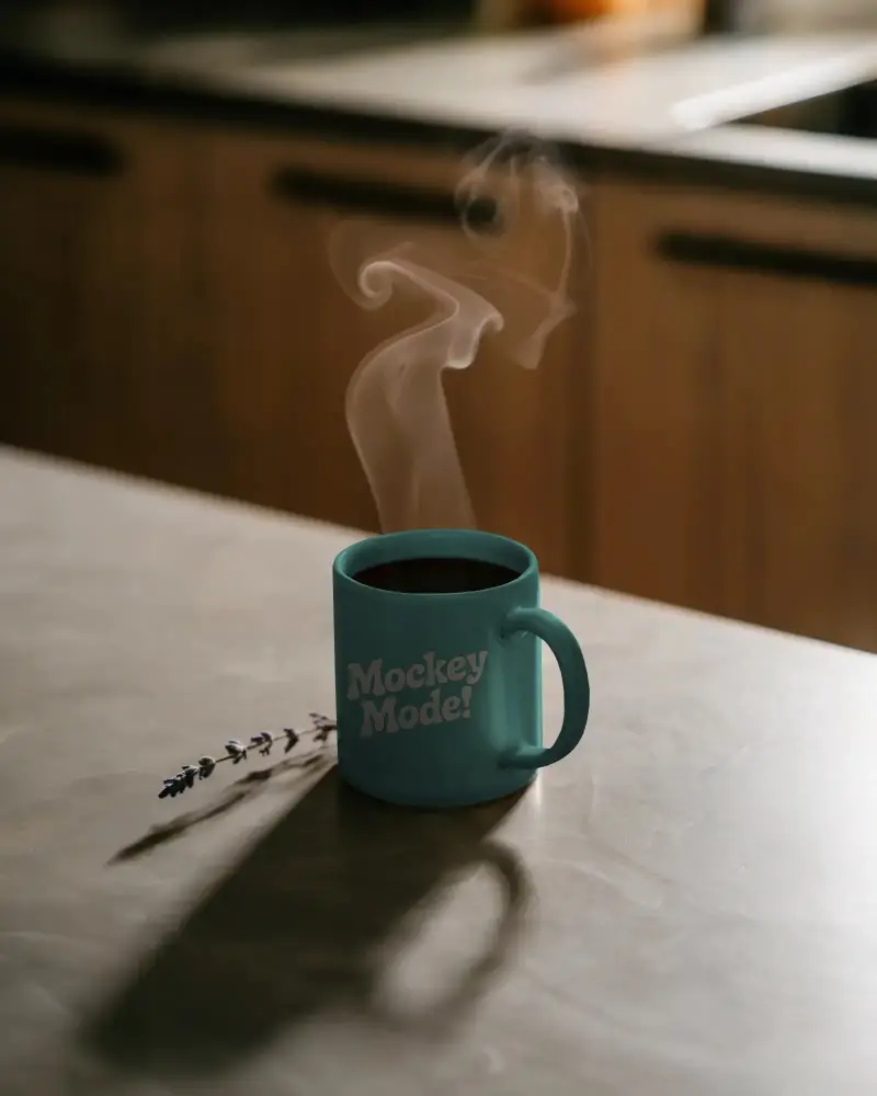 Classic Steaming Coffee Mug Mockup On Minimalist Kitchen Counter For Beverage Branding