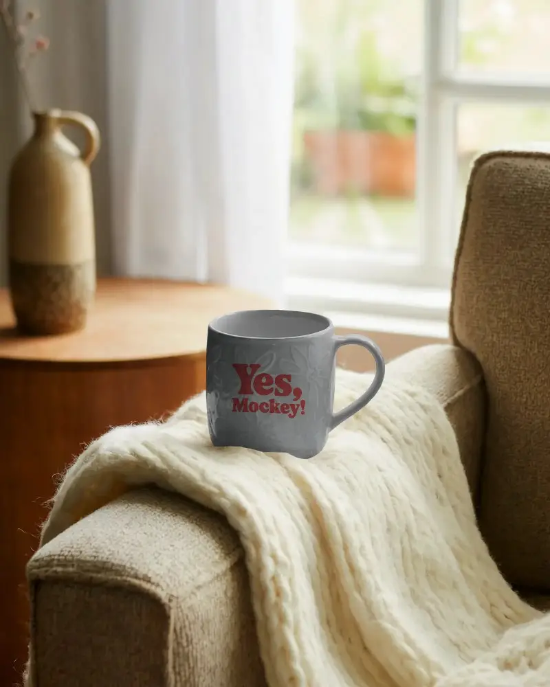 Stylish Ceramic Mug Mockup On Armrest With Knitted Blanket Living Room Window Light