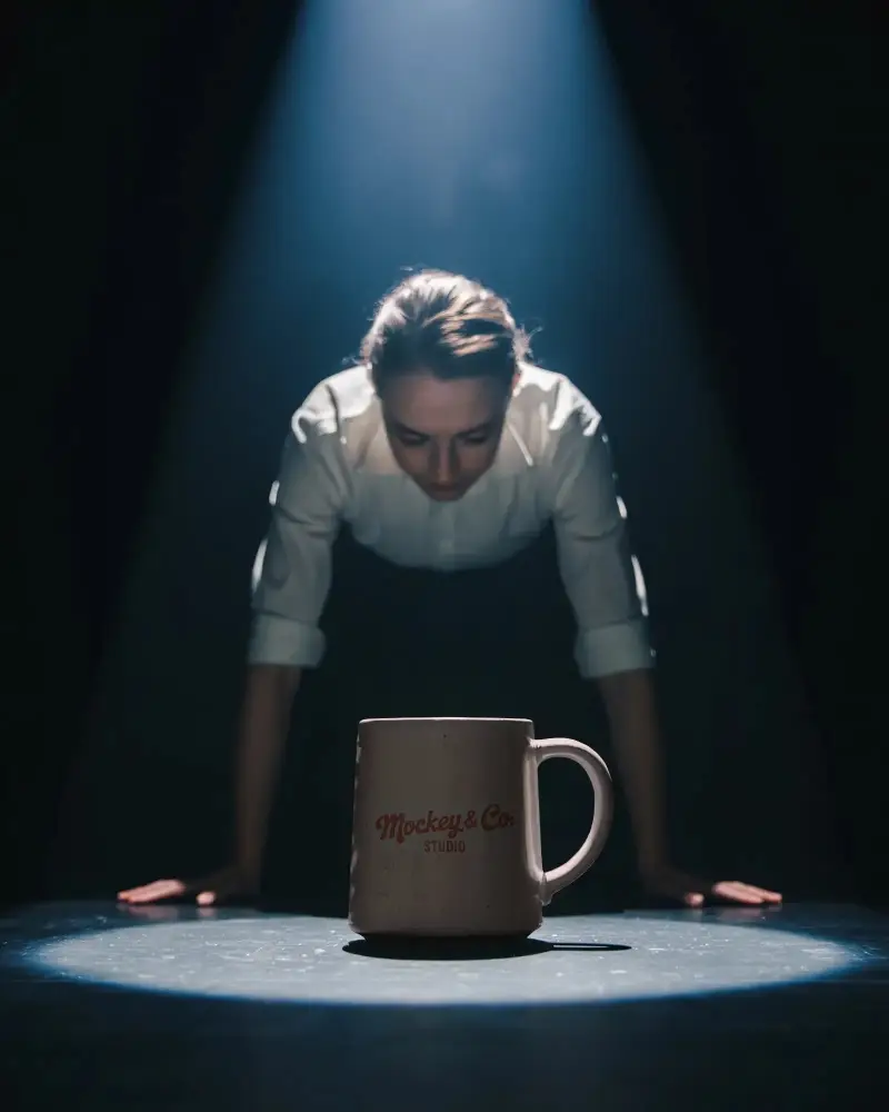 Dramatic Spotlight Mug Mockup With Intense Focus On Cup And Person Leaning Forward