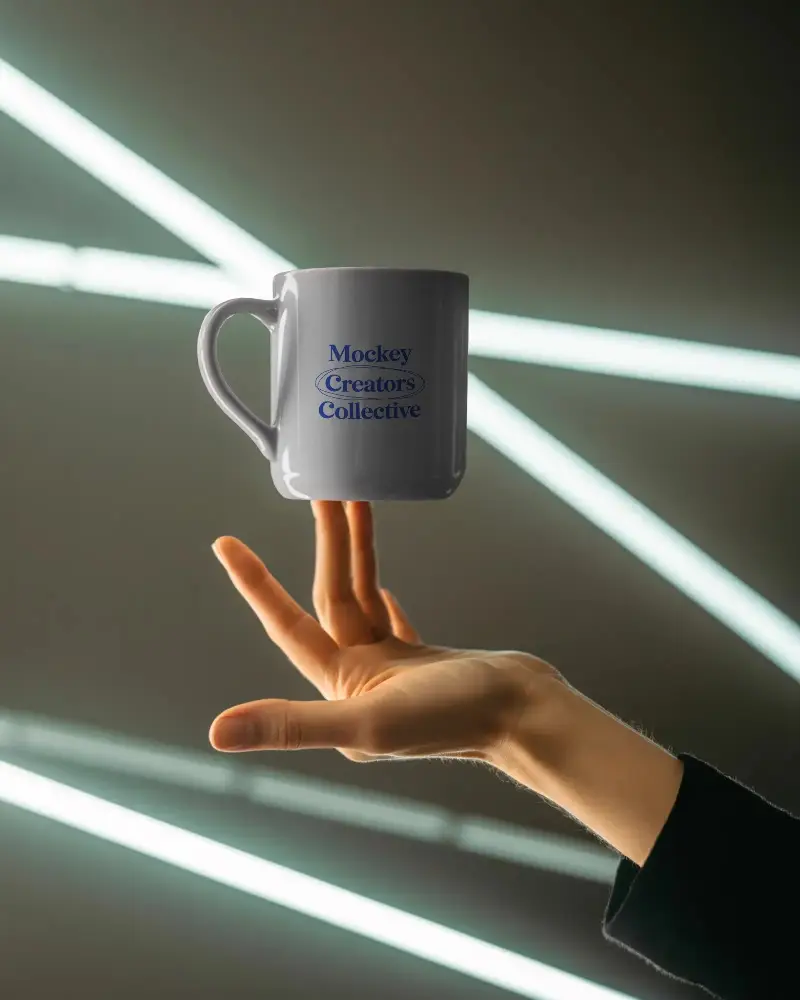 Sleek Minimalist Mug Mockup Floating On Fingers With Modern Lighting Background