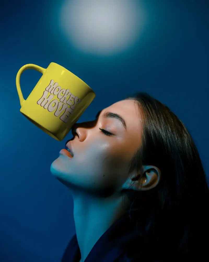 Realistic Floating Mug Mockup With Close Up Personal Profile Illustration For Branding