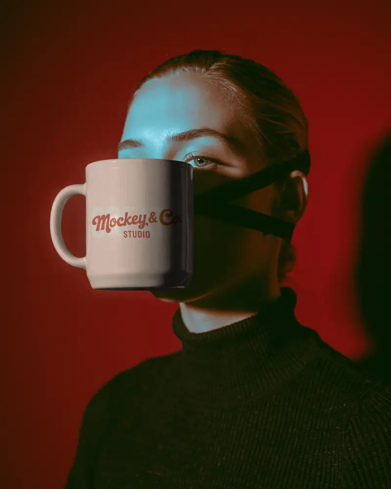 Surreal Mug Mockup On Face With Moody Red And Teal Studio Lighting