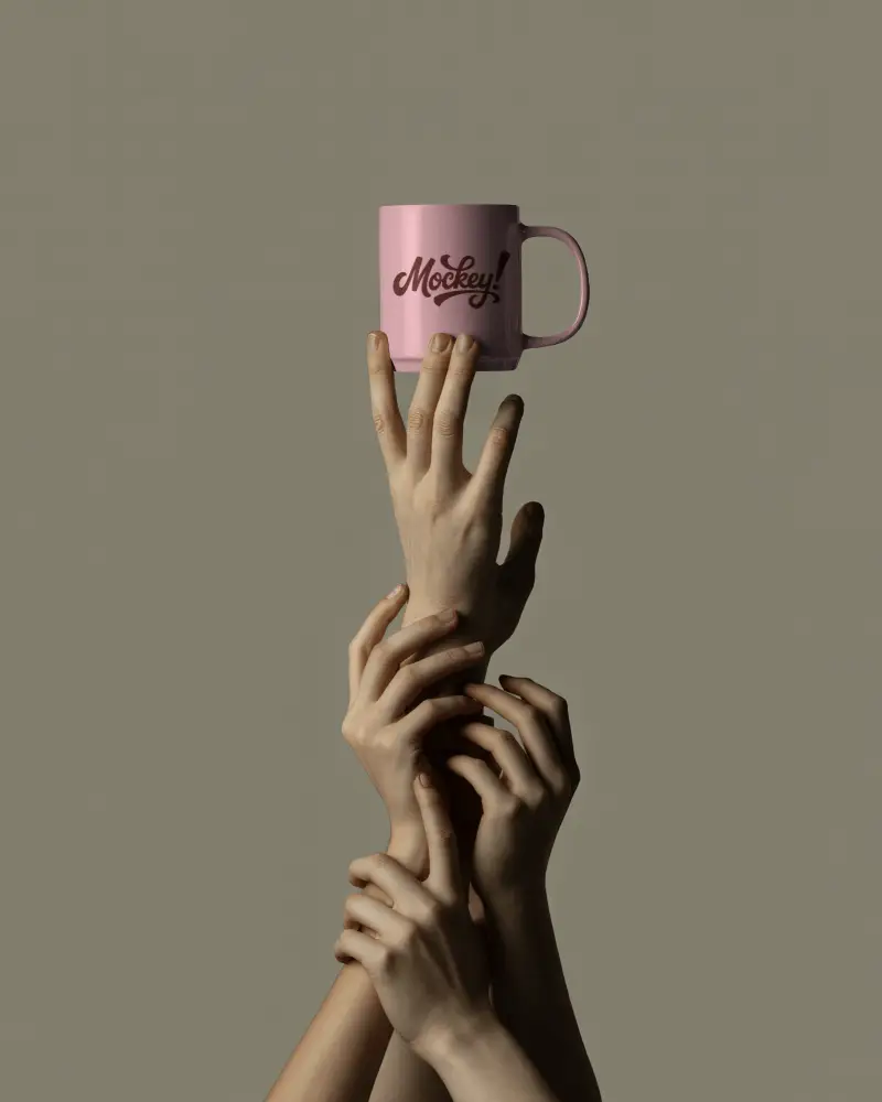 Artistic Hands Reaching Toward Floating Mug Minimal Background Mockup