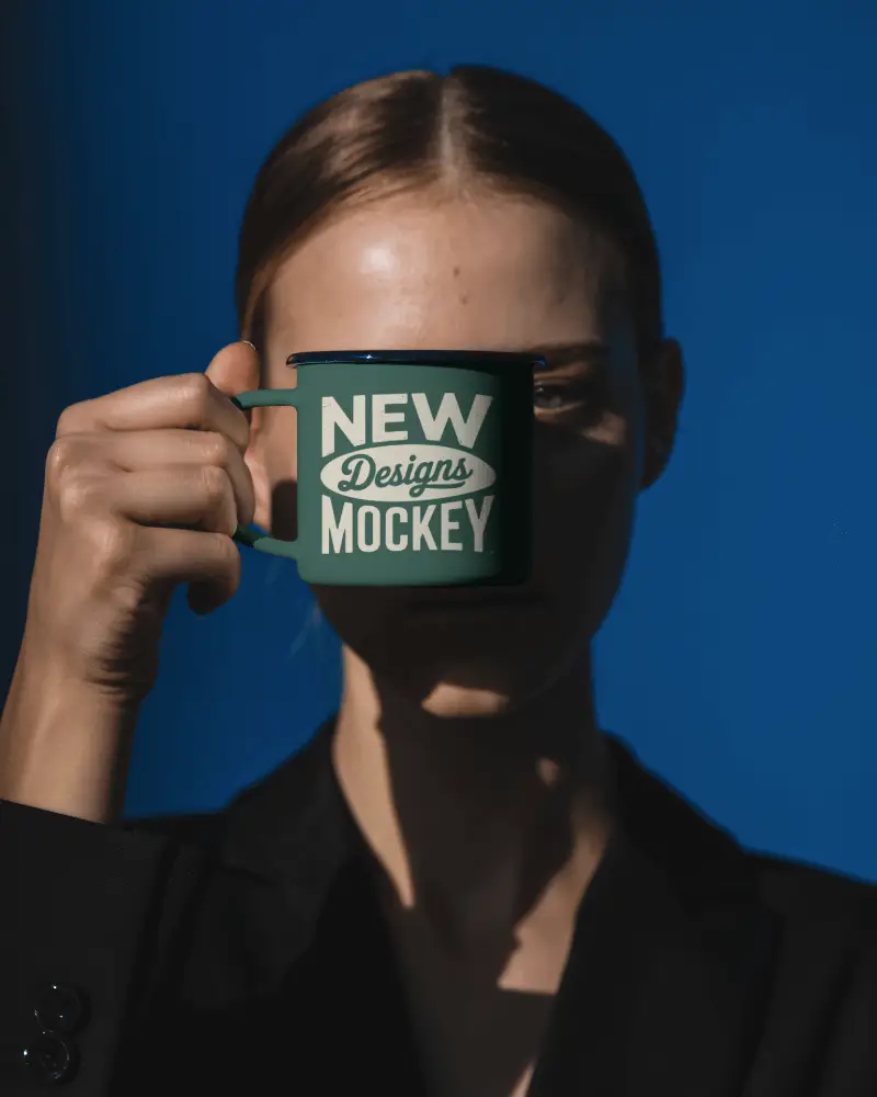 Sunlit Fashion Portrait Mug Mockup Held Forward In Clean Blue Backdrop