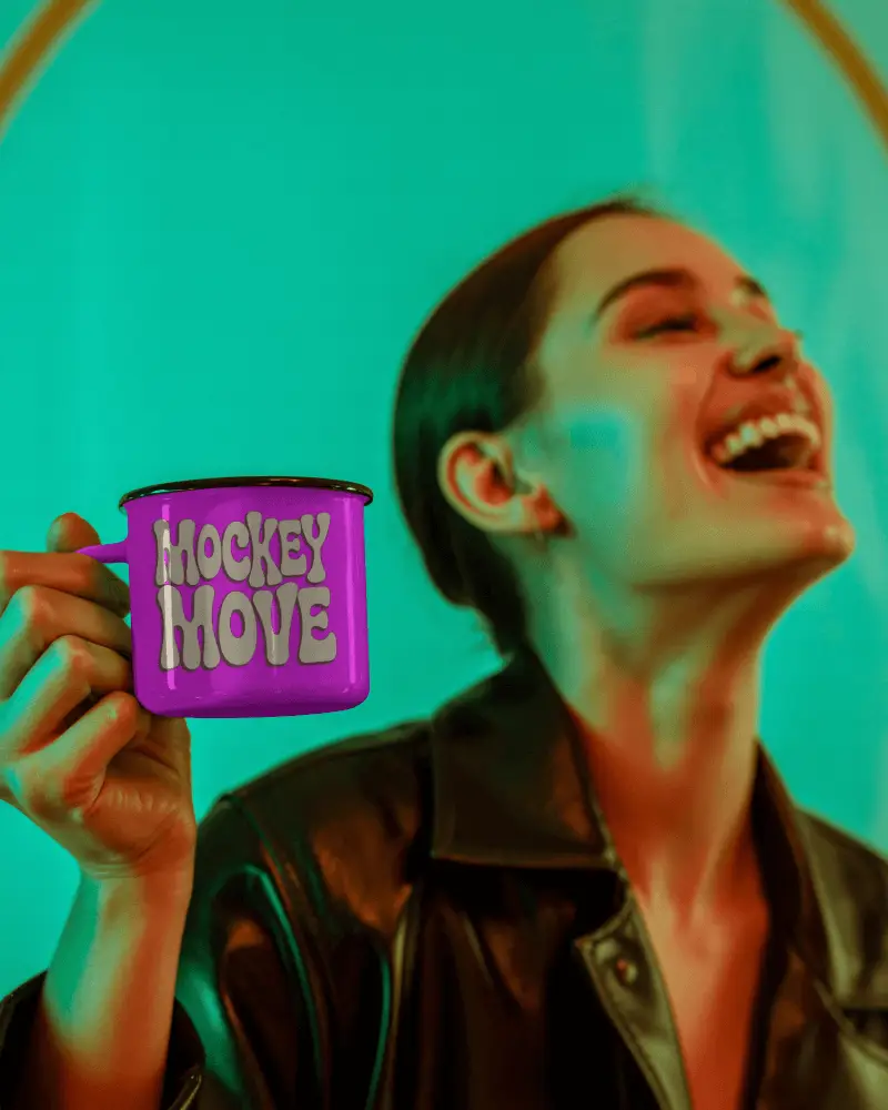 Vibrant Neon Portrait Mug Mockup In Playful Teal Studio Lighting