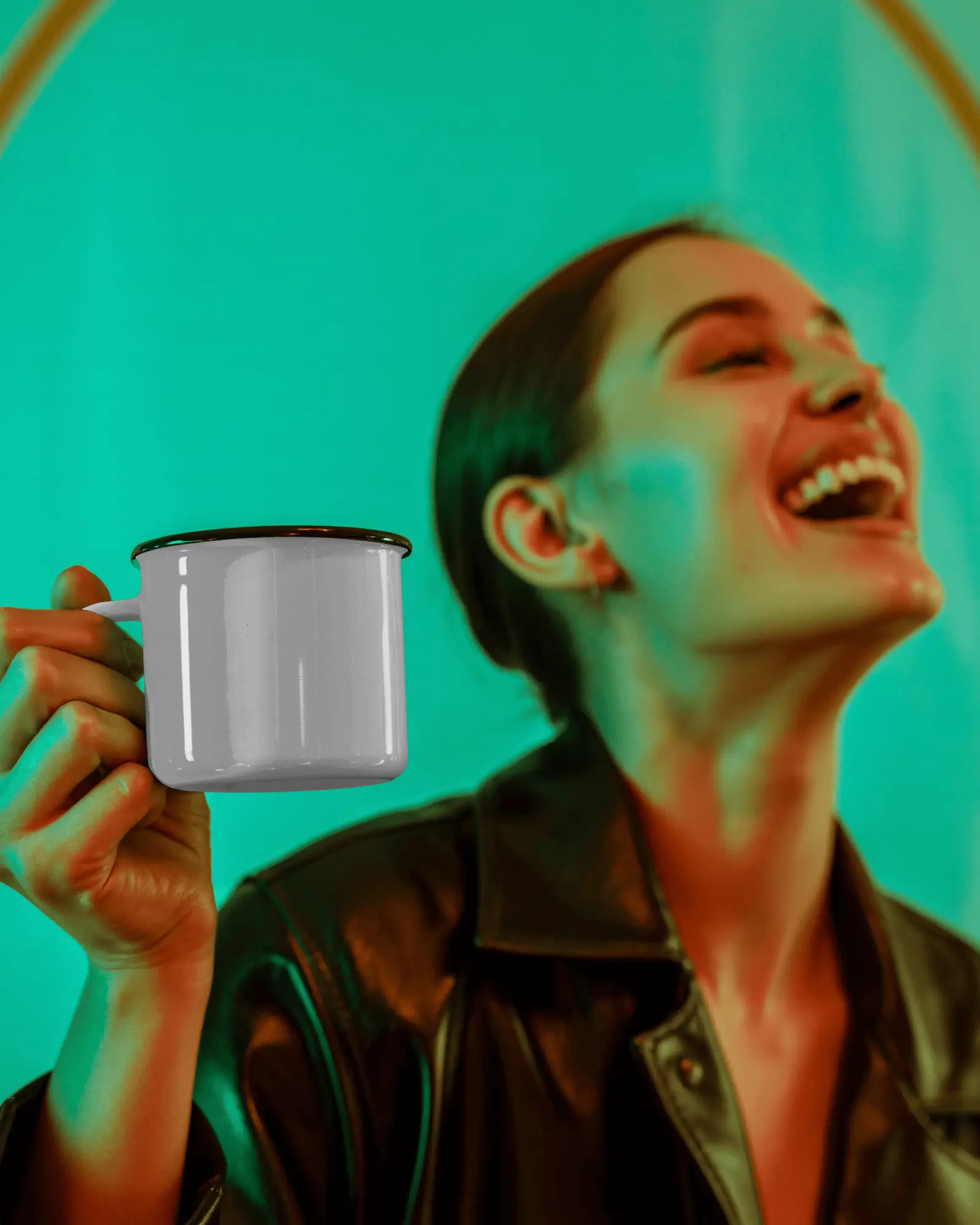 Vibrant Neon Portrait Mug Mockup In Playful Teal Studio Lighting