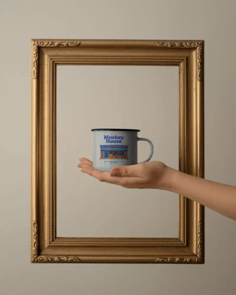 Framed Hand Mug Mockup Floating Inside Golden Ornate Frame Minimal Scene