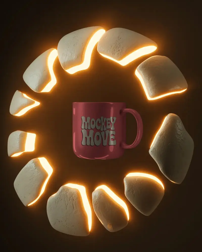 Premium Mug Mockup Surrounded By Illuminated Stone Elements For Brand Presentation