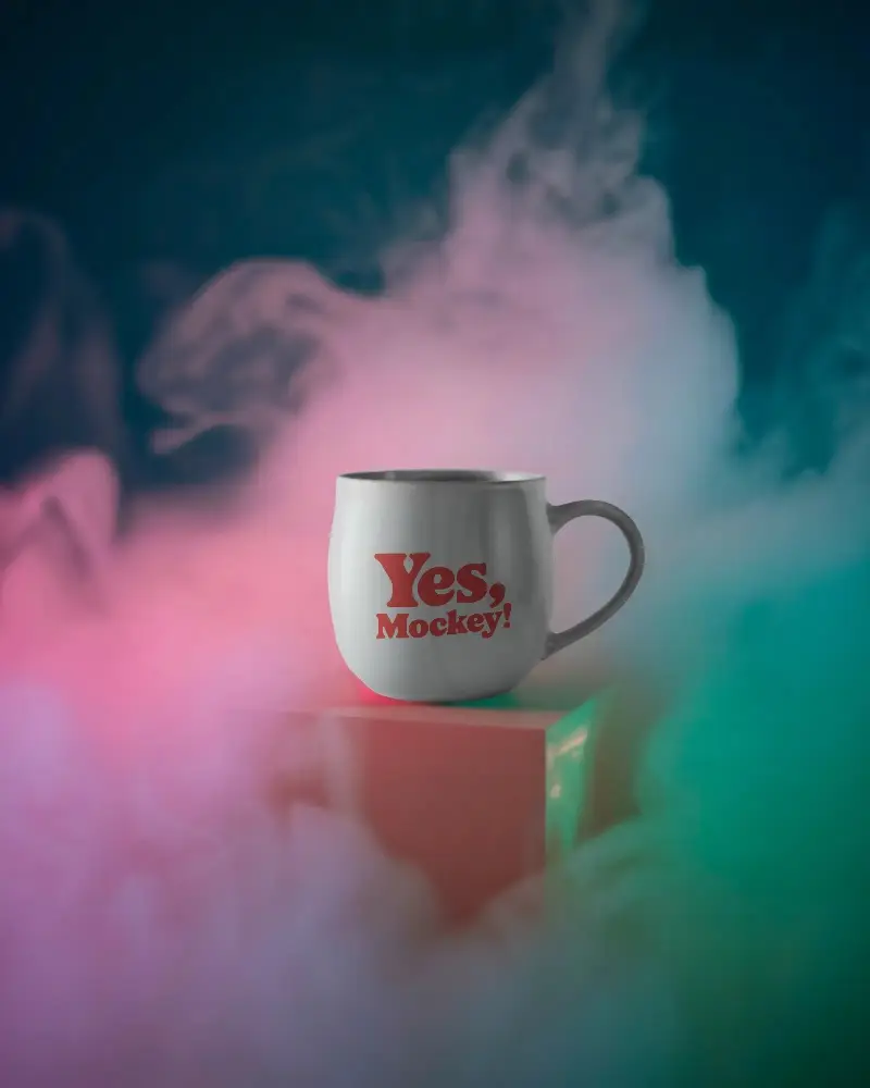 Premium Textured Mug Mockup Displayed On Block With Surreal Pink Teal Gradient Fog Presentation