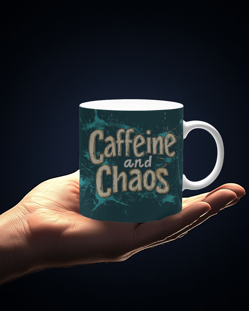 Hand Presenting Teal Mug Mockup Caffeine And Chaos Text Vibrant Design