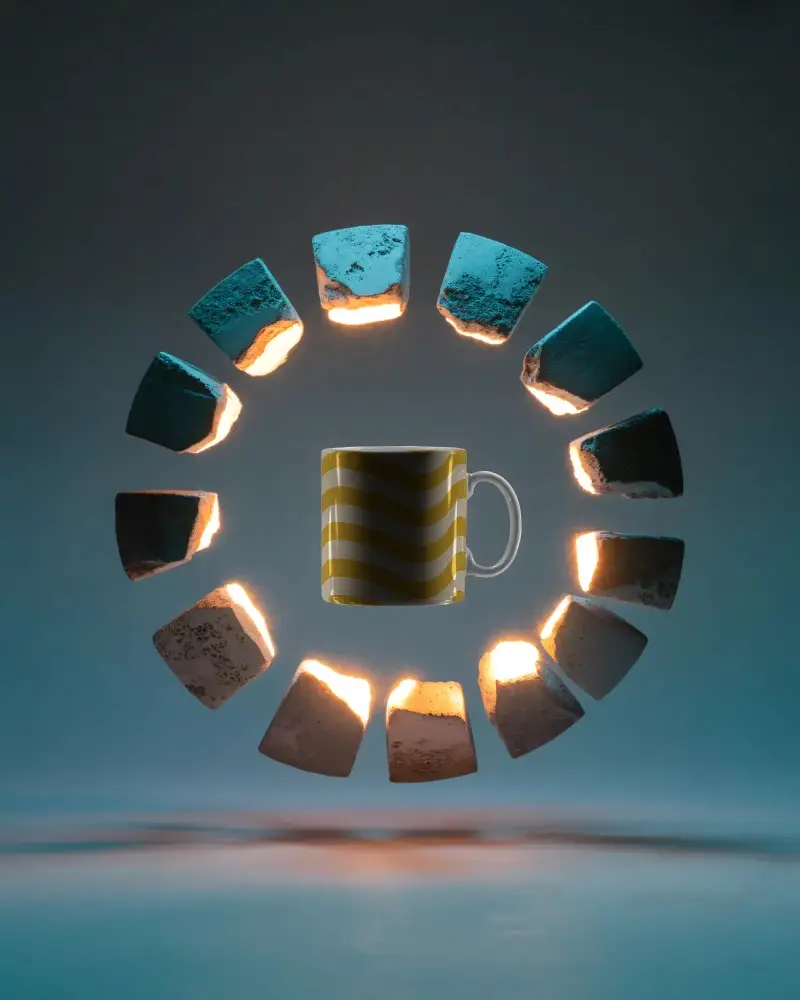 Conceptual Mug Mockup With Illuminated Floating Stone Pieces Showcasing Product Design