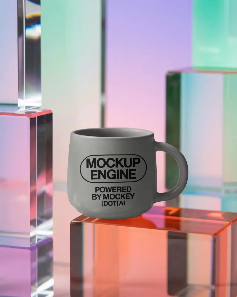 Sleek Stylish Handled Coffee Mug Mockup On Translucent Abstract Shaped Block Display
