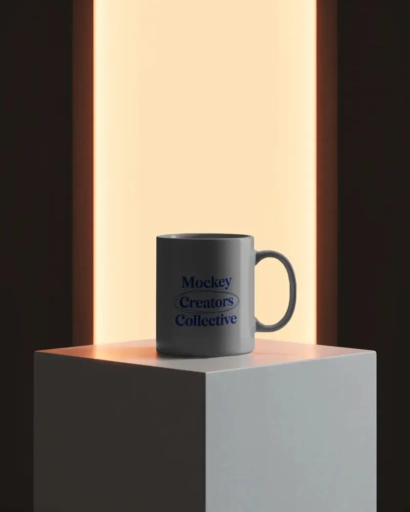 Sleek Stylish Ceramic Mug Mockup Positioned On Simple Solid Cube With Accent Light