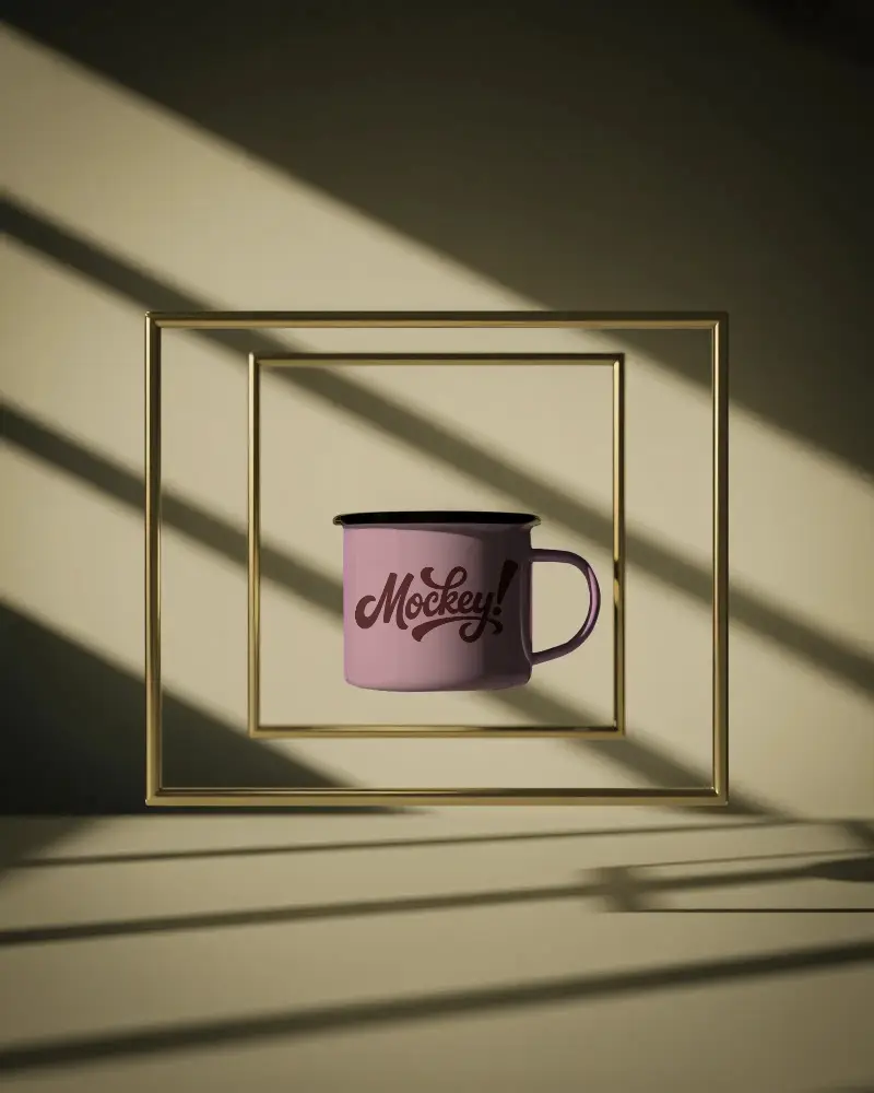 Modern Minimalist Mug Mockup With Simple Geometric Metal Frames And Styled Shadows