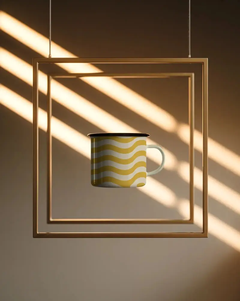 Stylish Minimalist Mug Mockup With Floating Frame And Geometric Light Effects For Branding