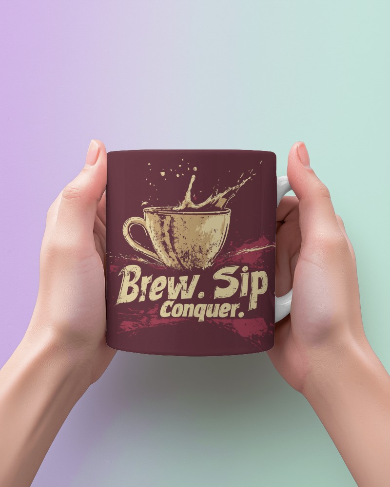 Hands Showcasing Maroon Mug Brew Sip Conquer Slogan Vivid Coffee Artwork