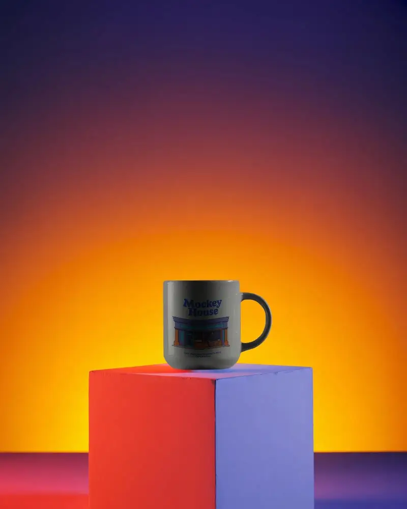 Modern Mug Mockup With Handle On Color Blocked Cubical Podium For Product Showcase
