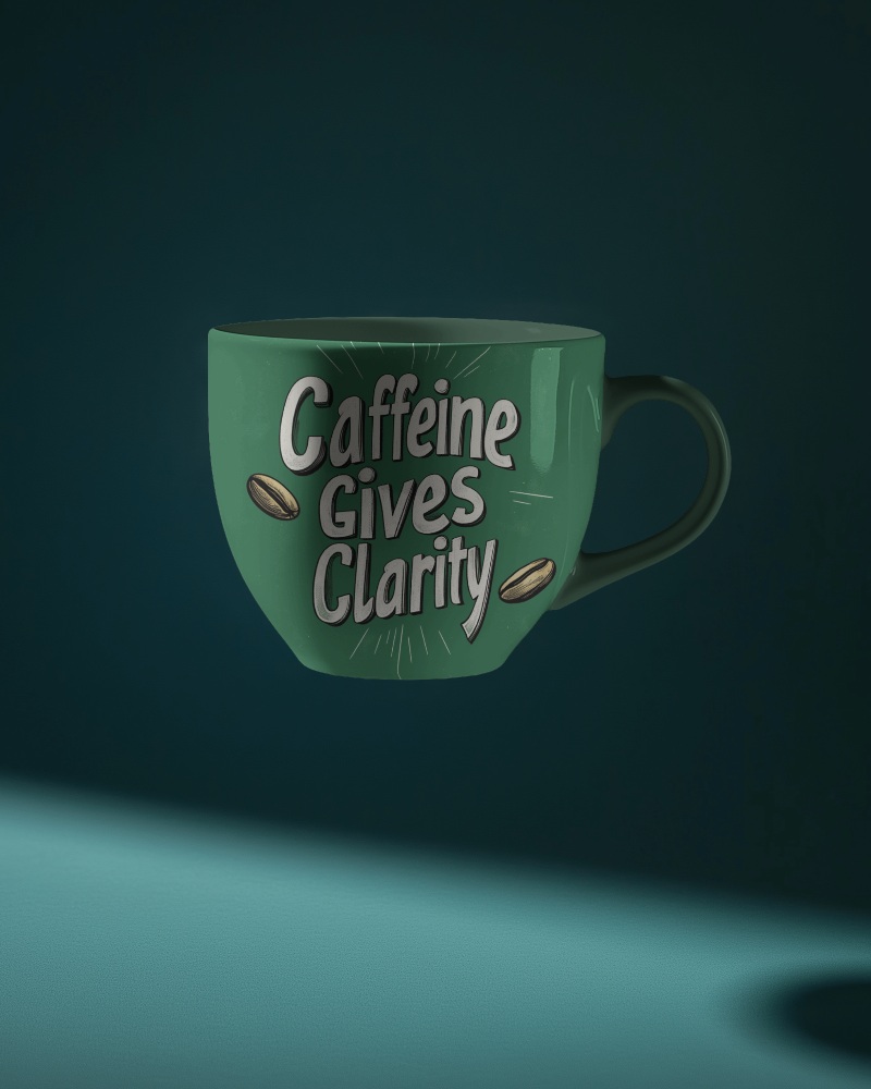 Green Coffee Mug Mockup Caffeine Gives Clarity Slogan Dark Background