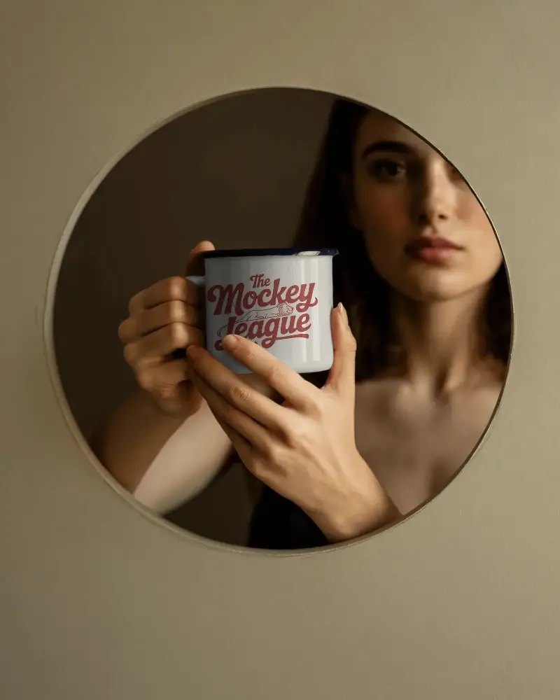 Woman Holding Metal Mug Mockup Round Mirror Minimalist Mockup Stylish Home Decor