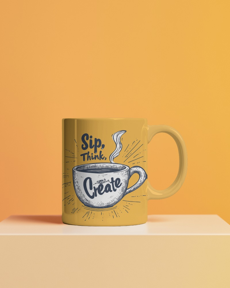 Mustard Yellow Mug Sip Think Create Motivational Coffee Cup Design