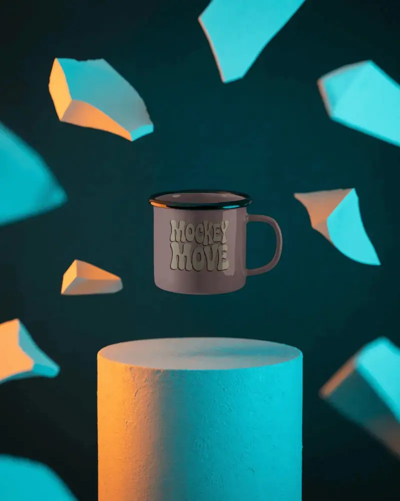 Minimalist Cup Mockup With Floating Abstract Shapes And Textured Pillar Photography For Product