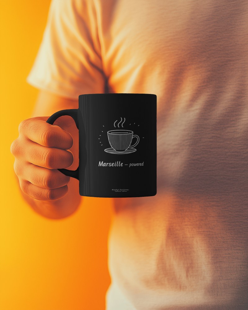 Hand Holding Black Mug Marsaille Powered Slogan Coffee Cup Design
